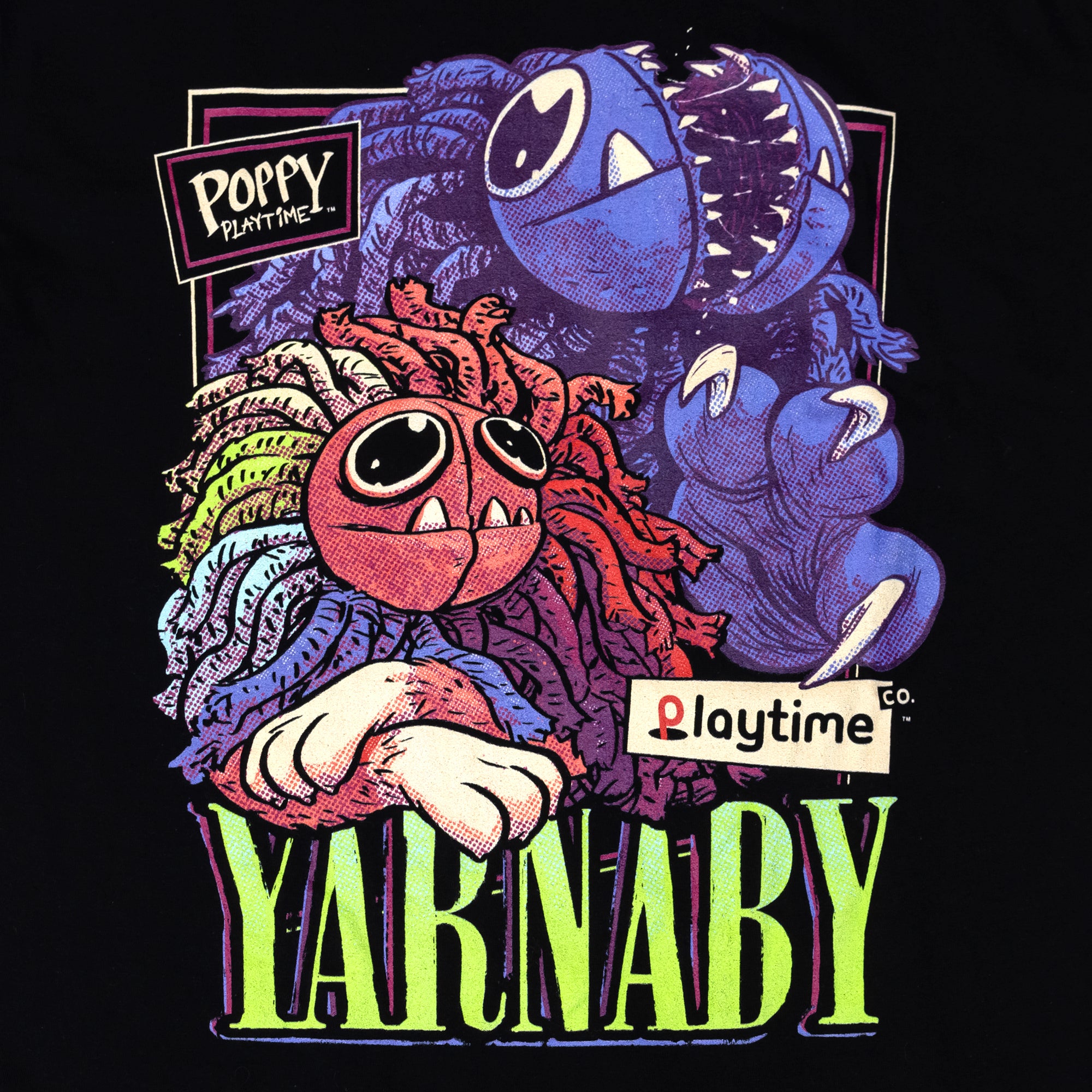 image on shirt: yarnaby laying down with another yarnaby with open mouth behind. text: poppy playtime. playtime co. yarnaby