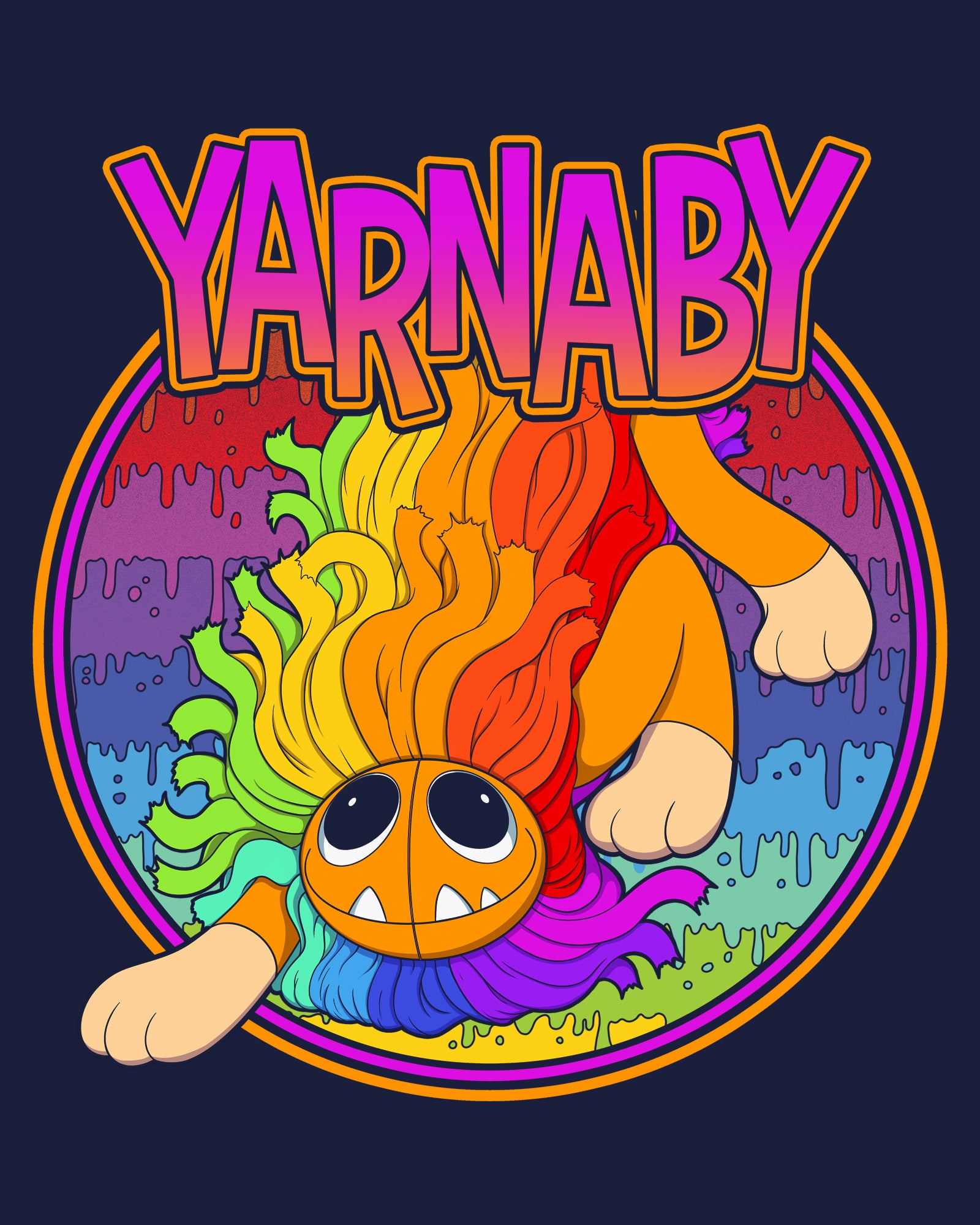 image on shirt: yarnaby crawling. rainbow dripping background. Text: yarnaby