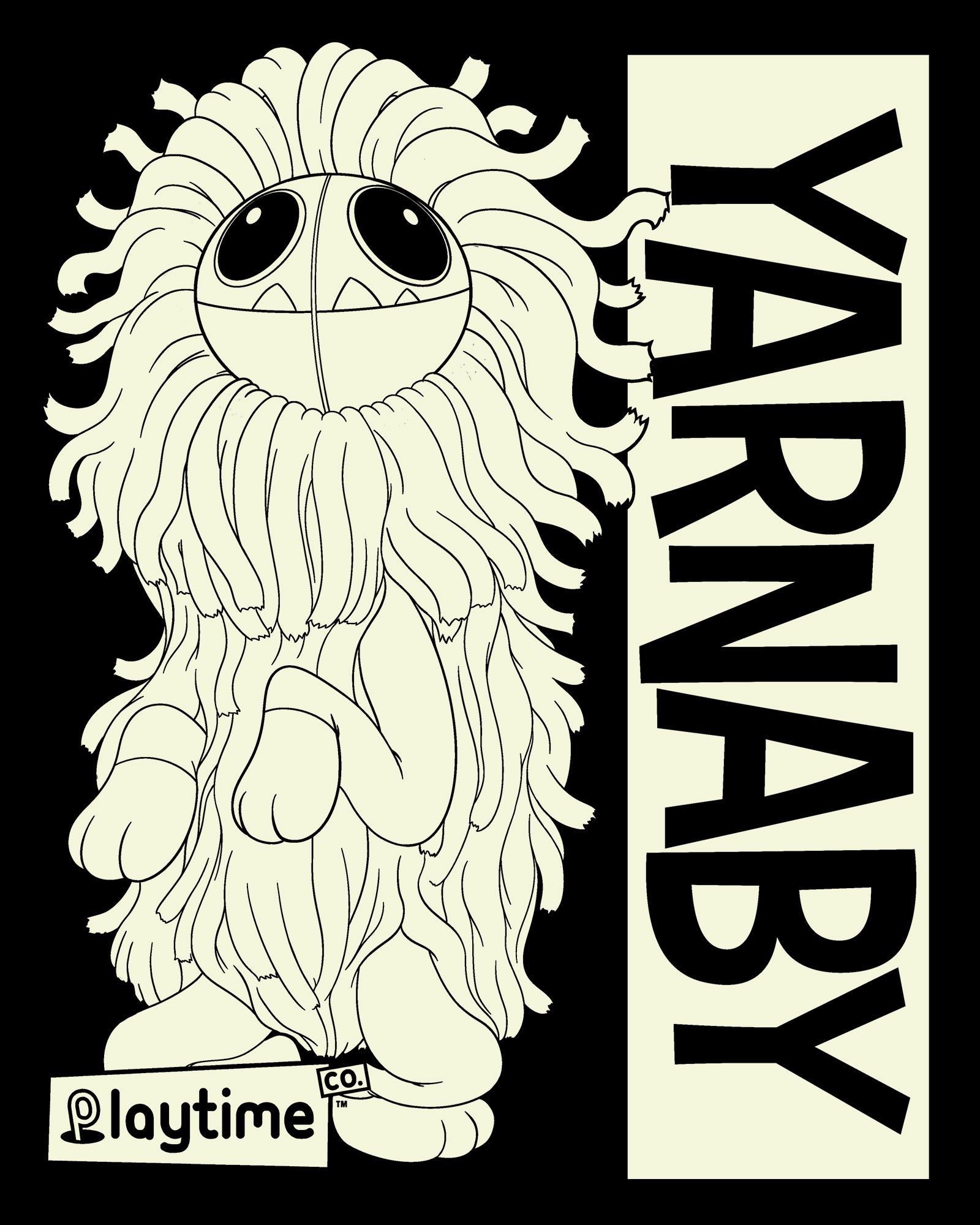 image on shirt: yarnaby sitting on hind legs. text: yarnaby playtime co.