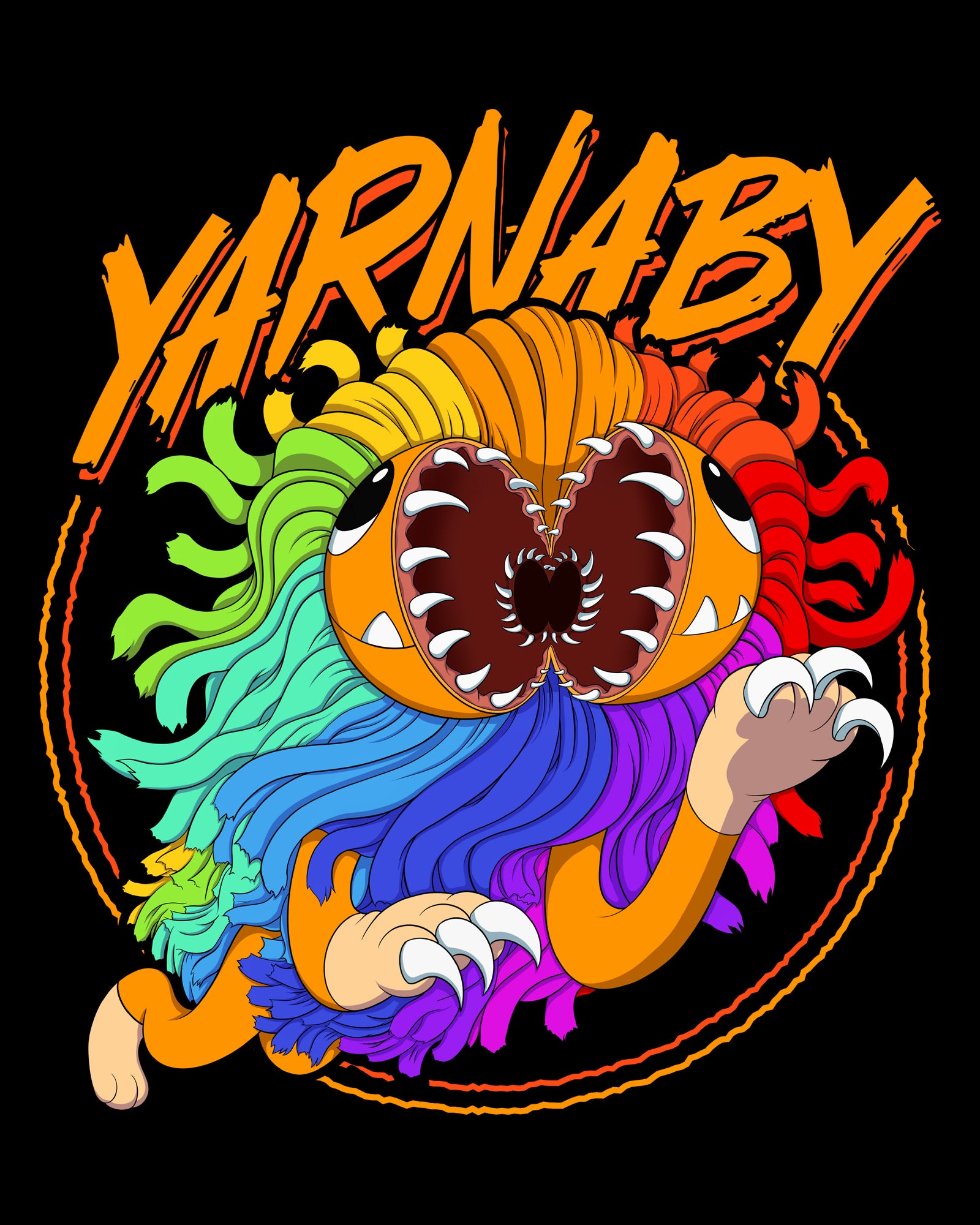 image on back of hoodie: yarnaby mouth open running attack. text: yarnaby