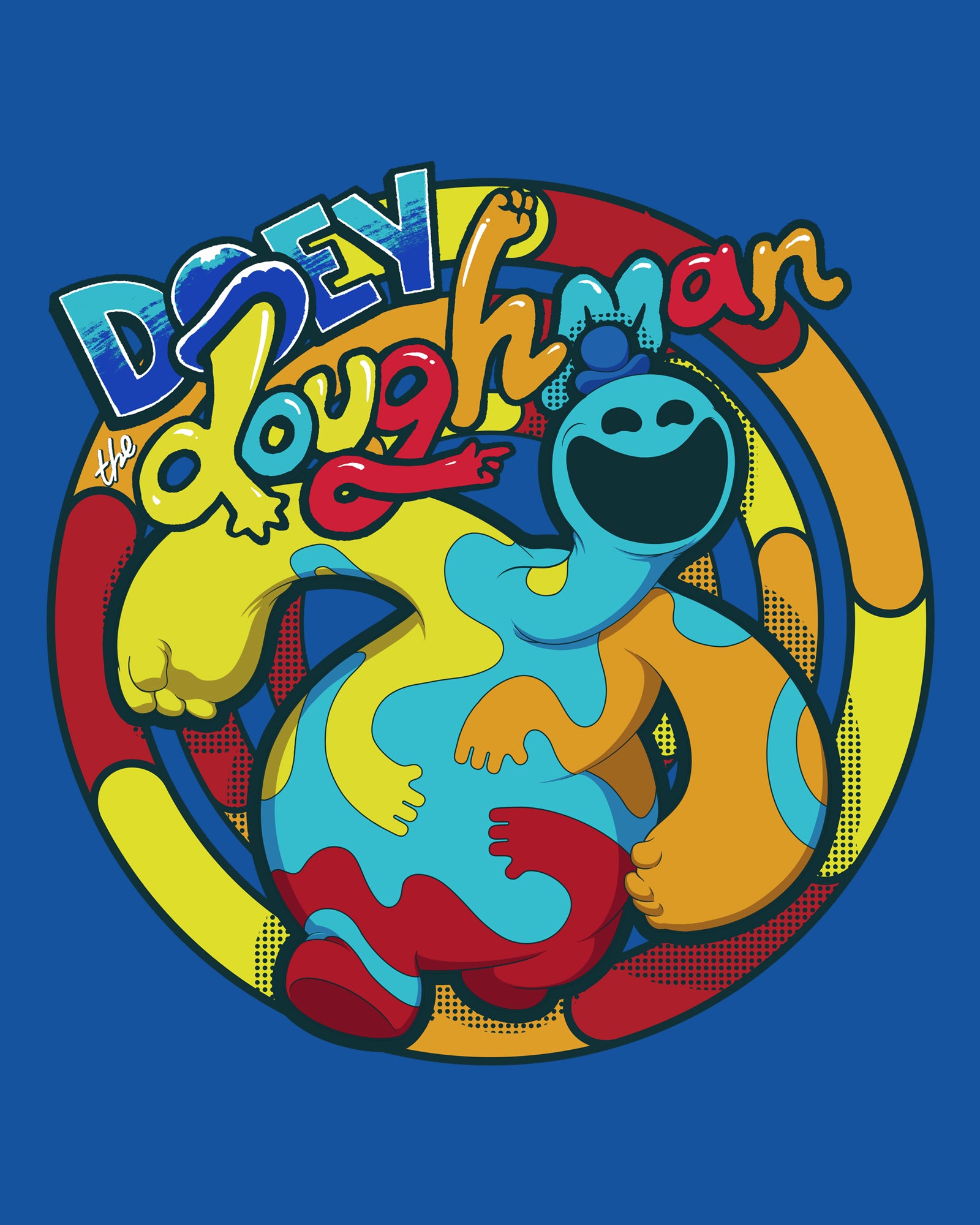 image on shirt: doey the doughman in dancing pose. circle of dough around him like bullseye. text: doey the doughman