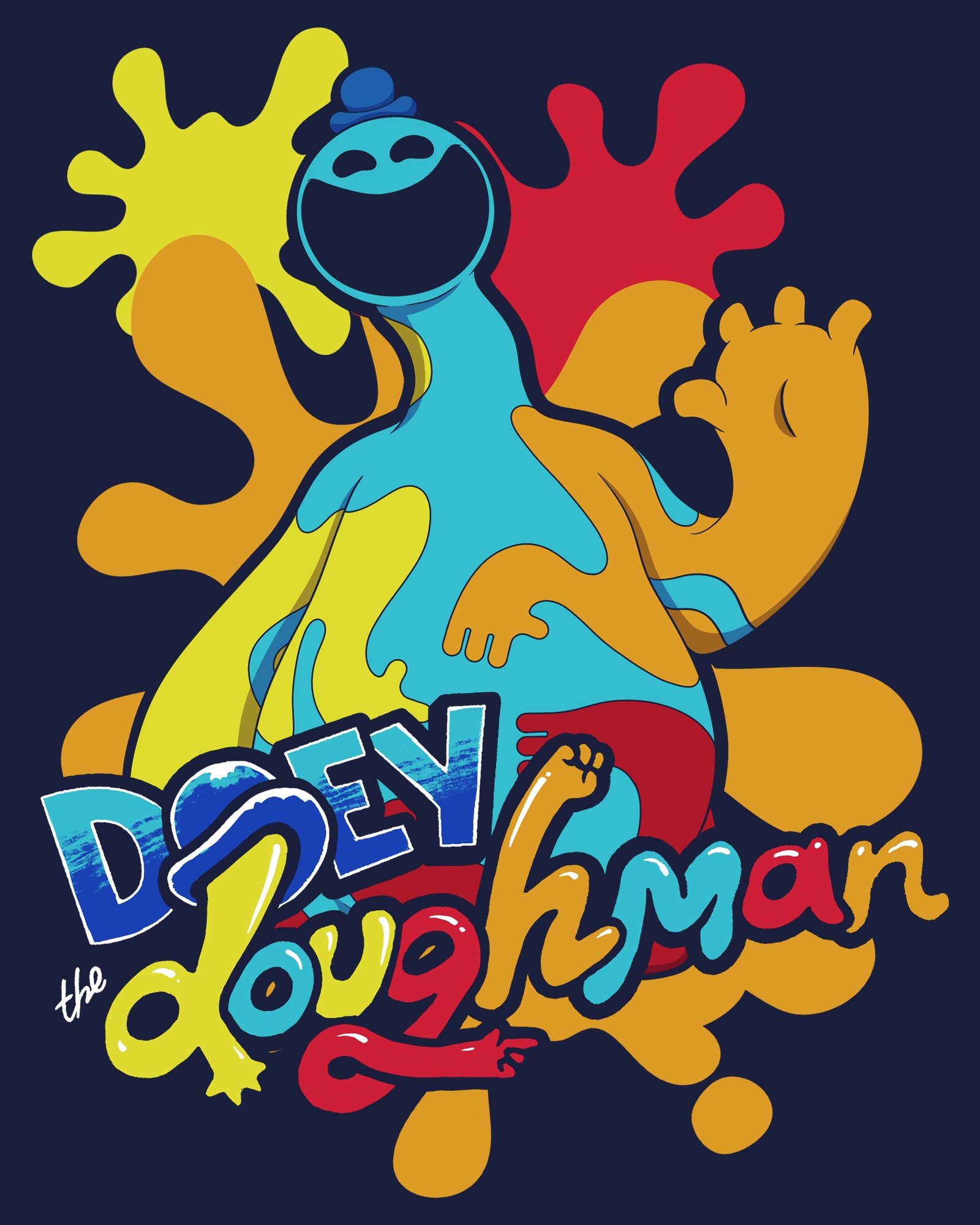 image on shirt: doey the doughman waving. splatters behind him. text: doey the doughman