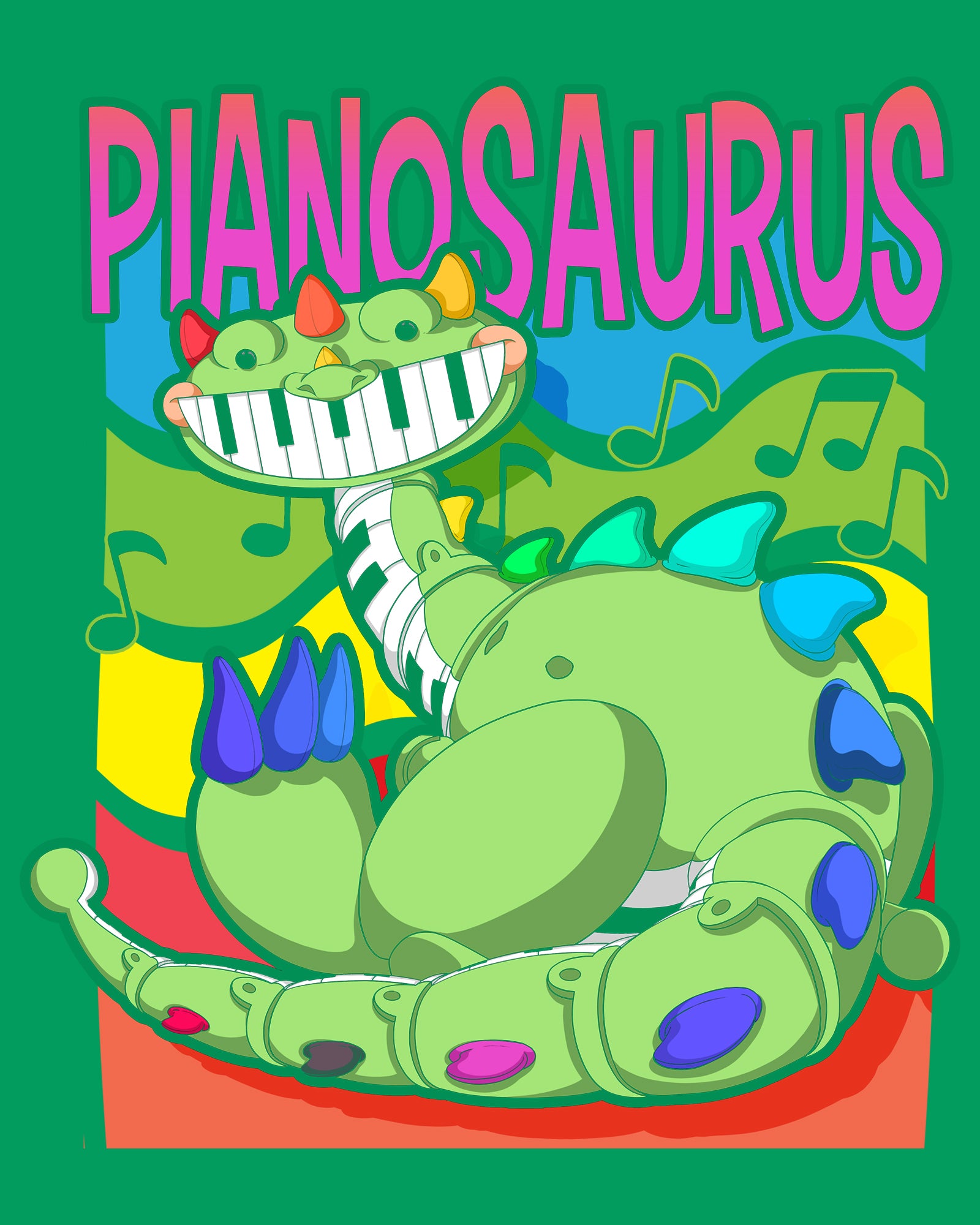 image on shirt: pianosaurus sitting down. music notes. text: pianosaurus