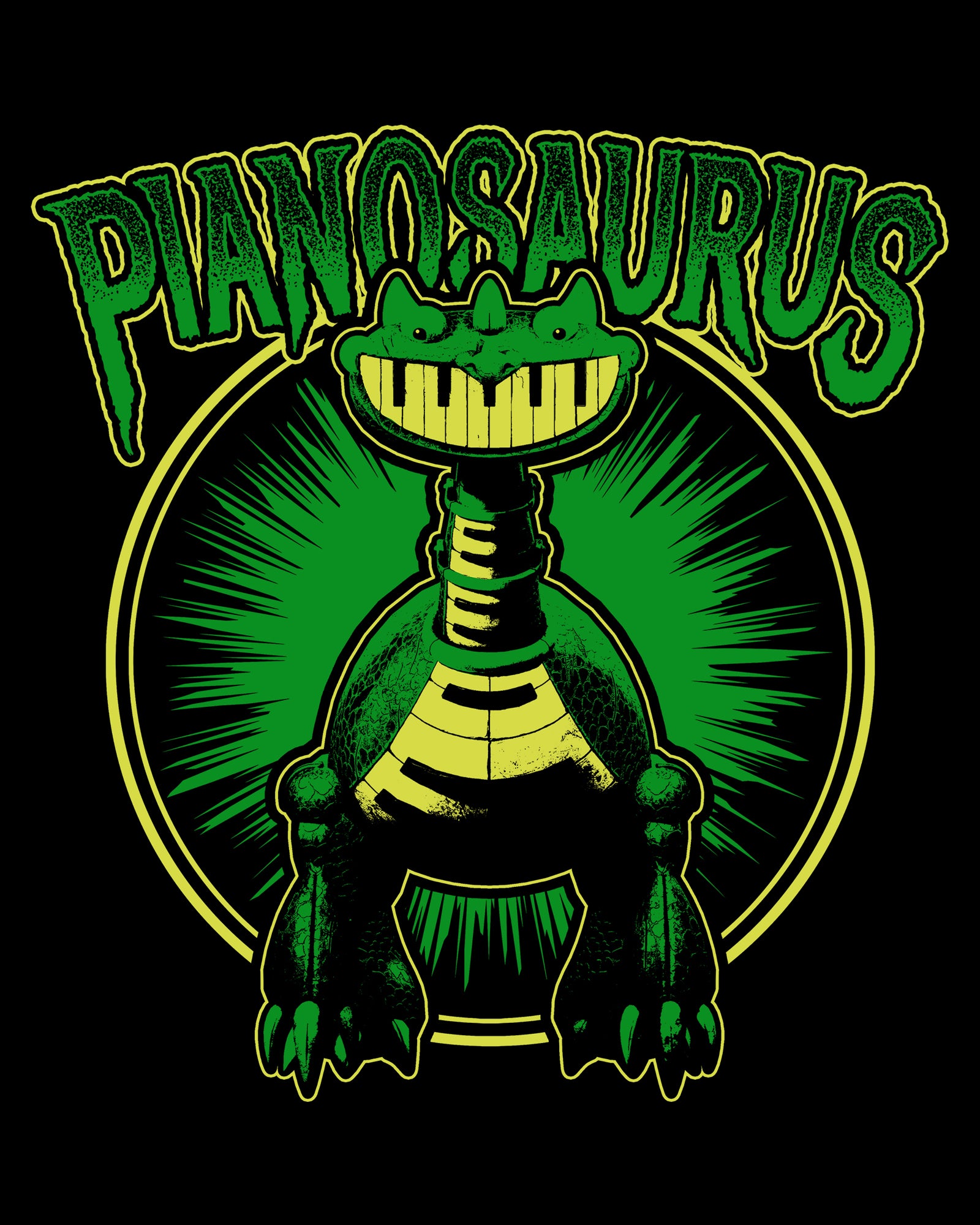 image on shirt: Pianosaurus standing facing front. circle and pattern behind. text: Pianosaurus