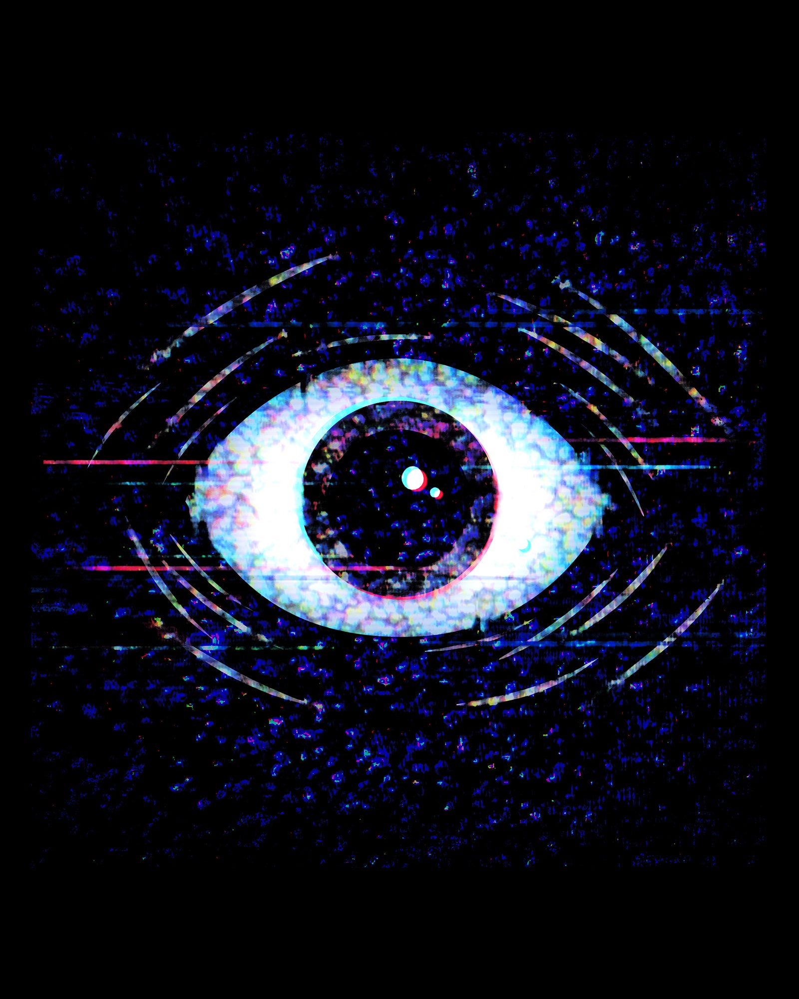 image on shirt: Eye ball with static lines like a tv effect