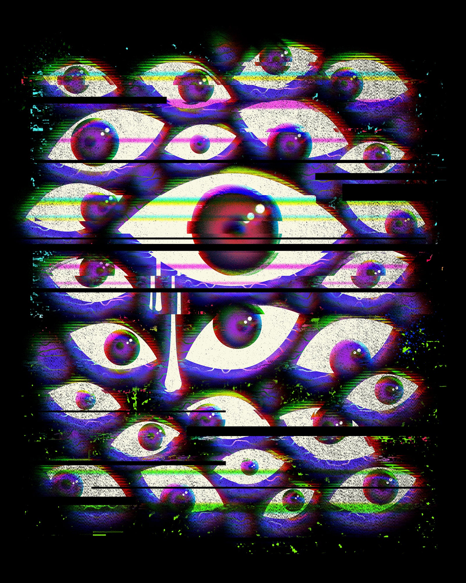 image on shirt: different sized eyeballs staring in different directions. middle eyeball has dripping tears. tv static lines effect.