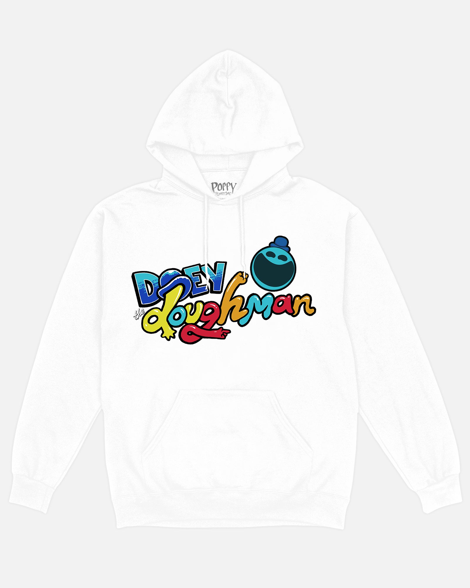 Doey The Doughman White Hoodie Front - Drawstrings and pocket