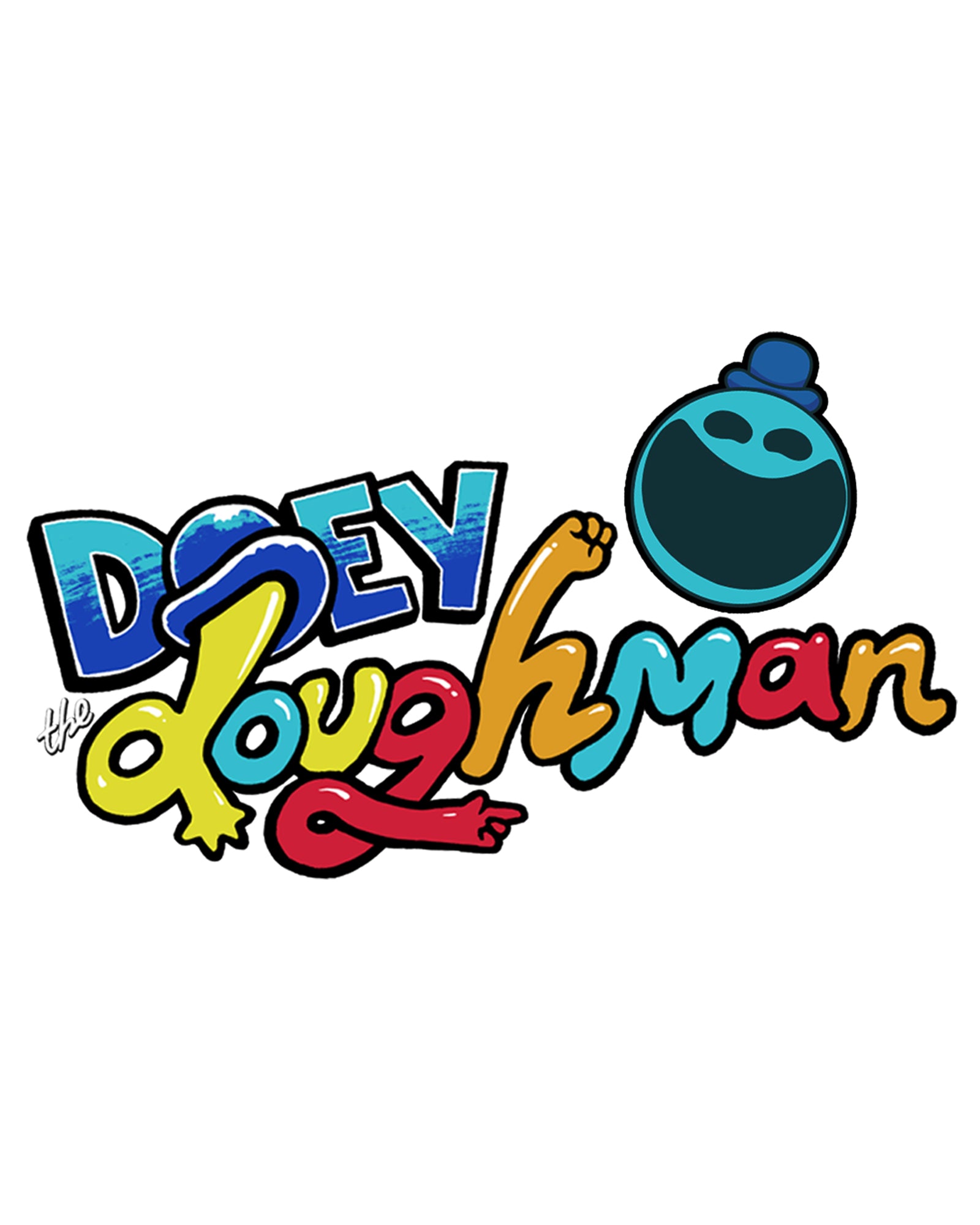 image on front of hoodie: doey's face. text: doey the doughman