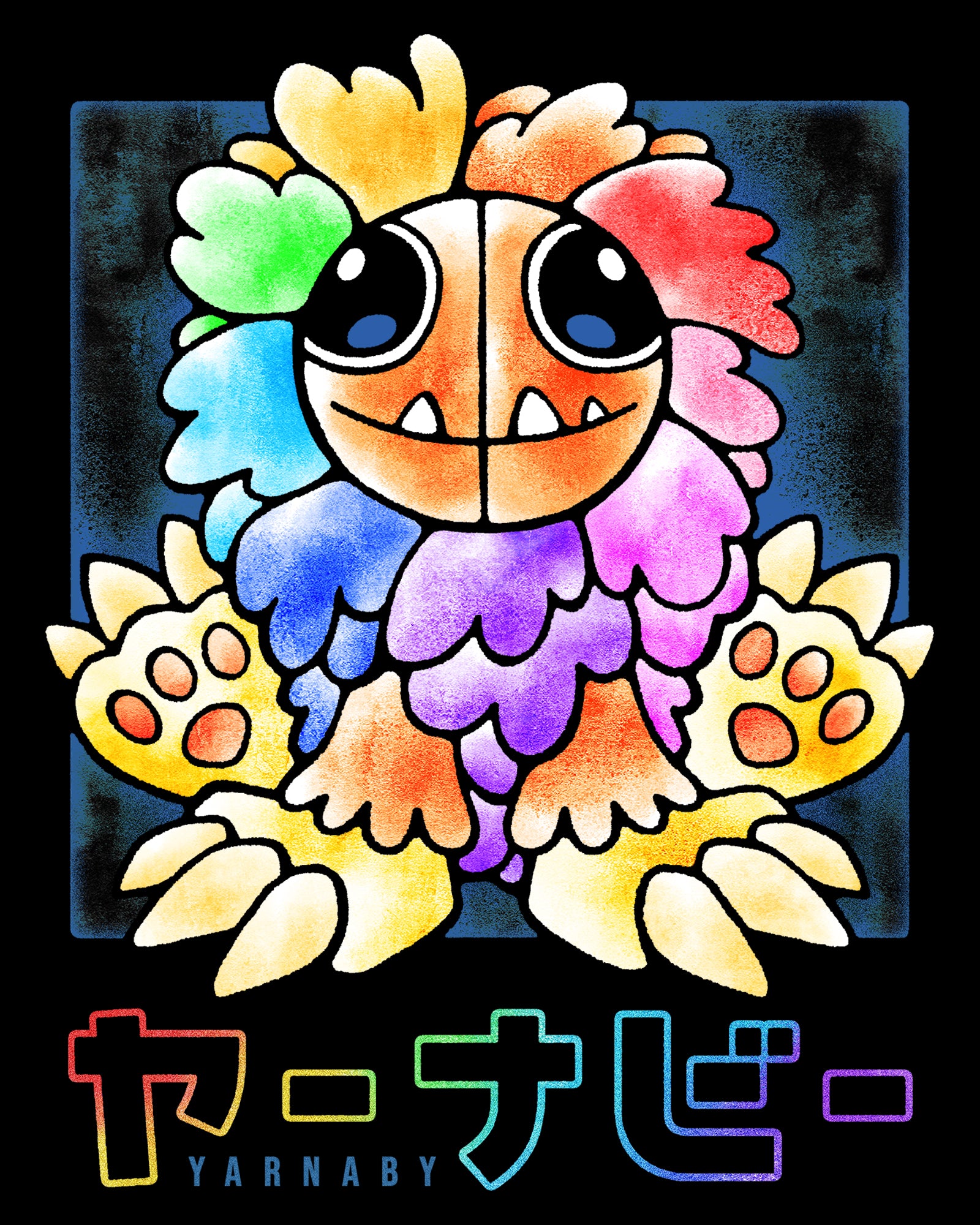 Image on shirt: yarnaby sitting with kanji written underneath. kanji reads yarnaby.