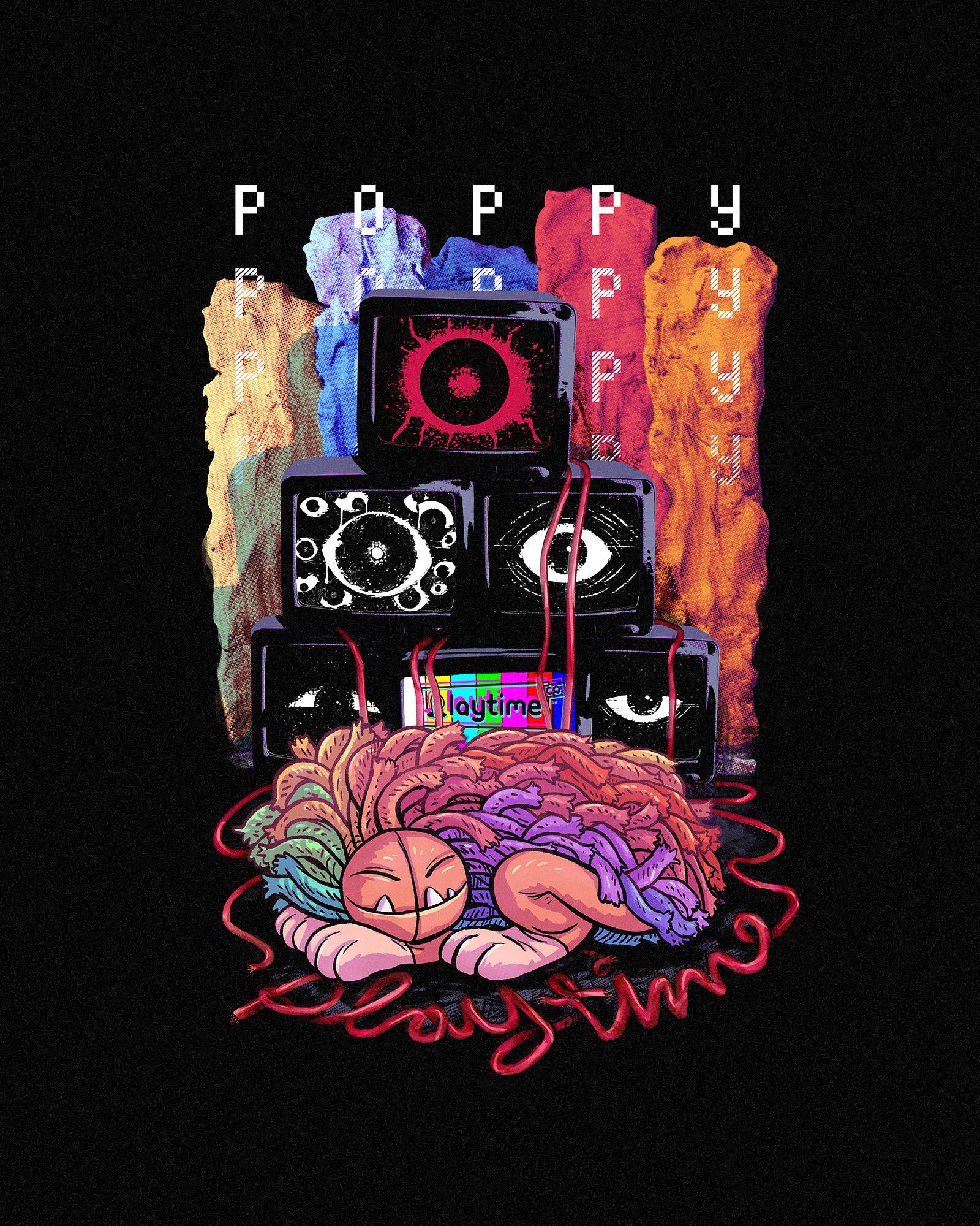 image on shirt: yarnaby sleeping on floor. tvs with eyes on them behind. text: poppy poppy poppy playtime co showtime